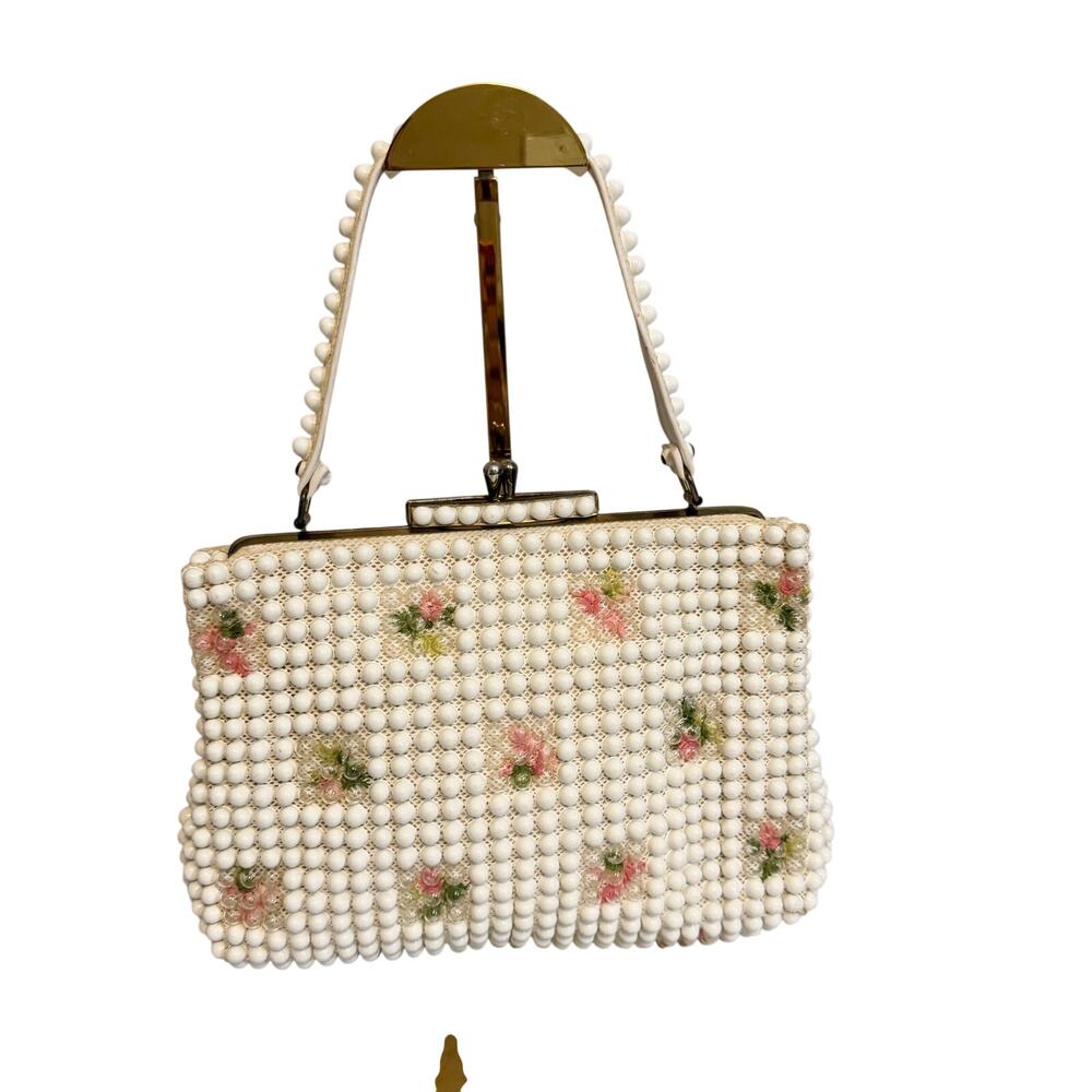 Grandee Bead Vintage Beaded Floral Handbag White Top Handle Cottagecore Coquette